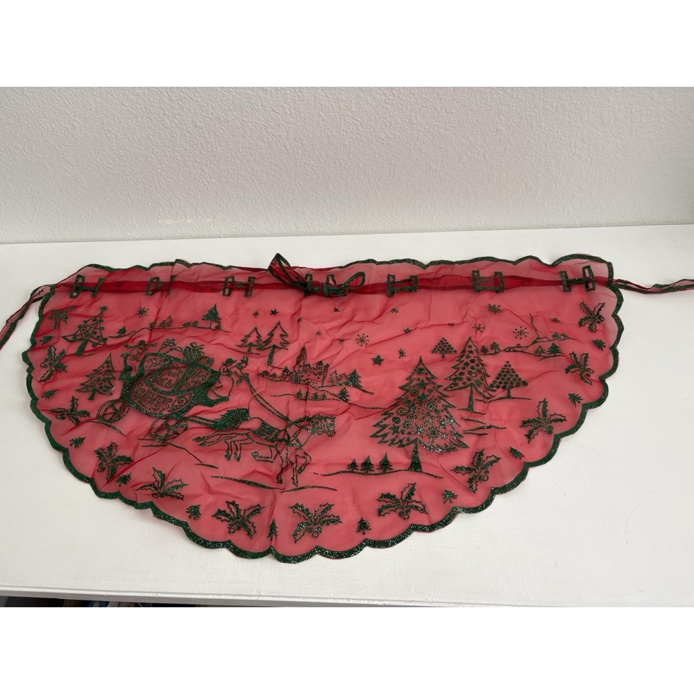 Vintage 50's Christmas Red Illusion Hostess Apron Green Glitter Horses & Buggy